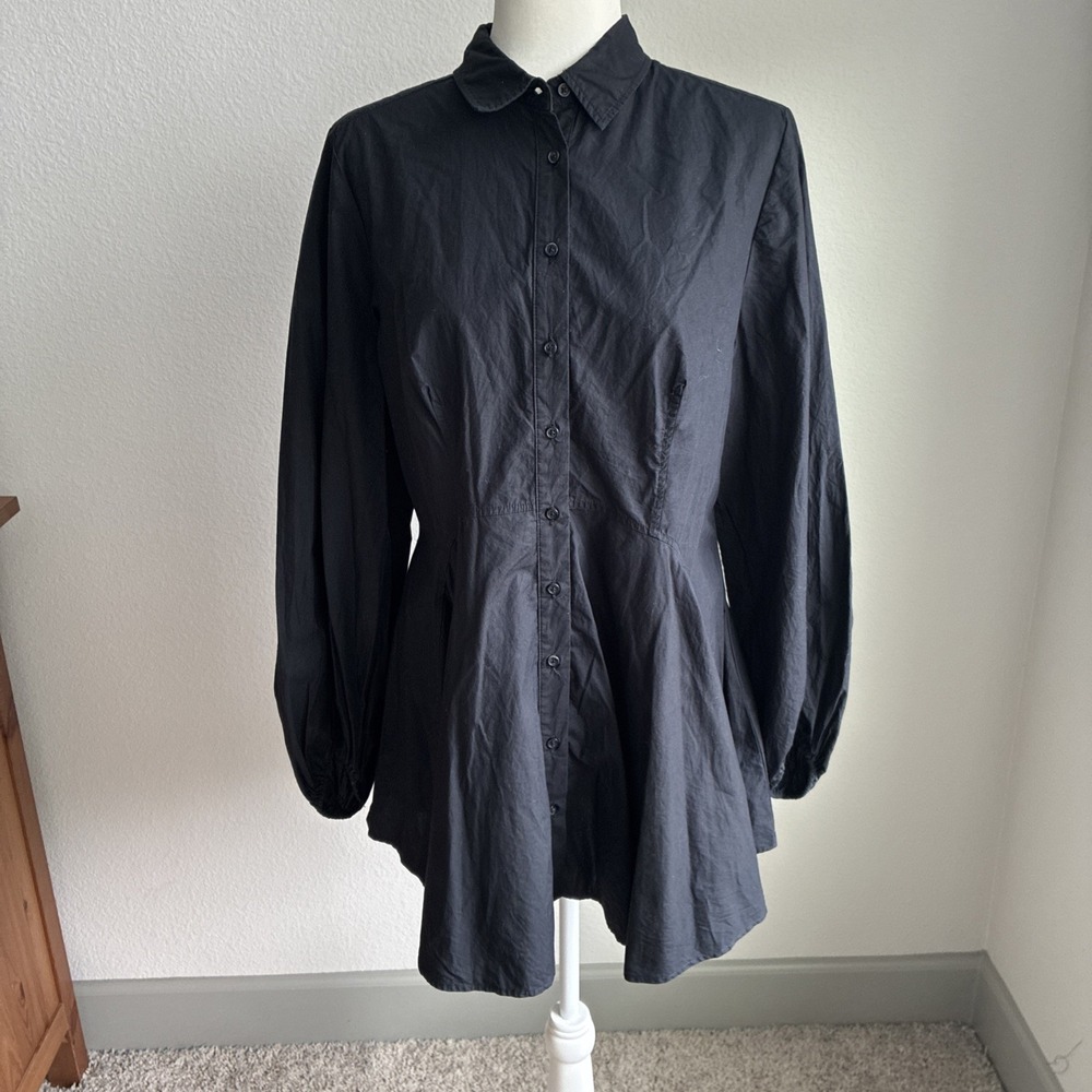 Free People Freya Poplin Tunic Shirt Dress Black Medium Boho Lagenlook Career